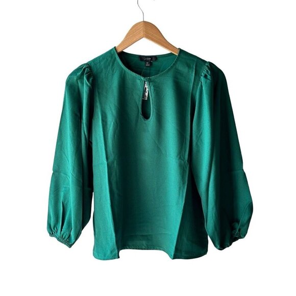 J. Crew Size SP Green Key Hole Neck Balloon Sleeve Peasant Blouse Top - New - Picture 1 of 8